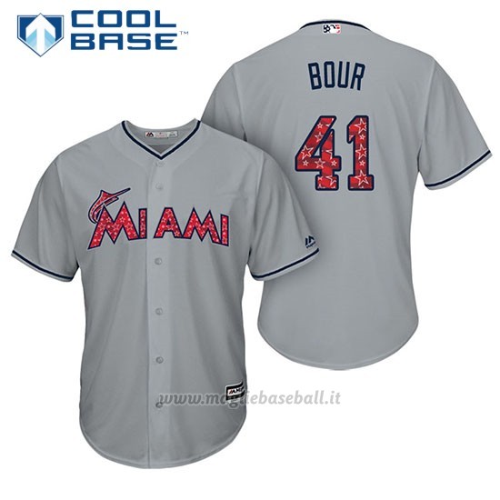 Maglia Baseball Uomo Miami Marlins 2017 Estrellas y Rayas Justin Bour Grigio Cool Base